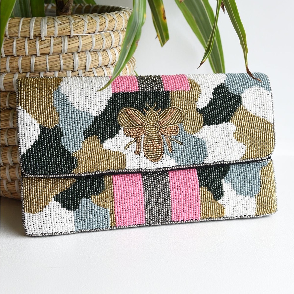 Beaded gold bee clutch with optional gold chain